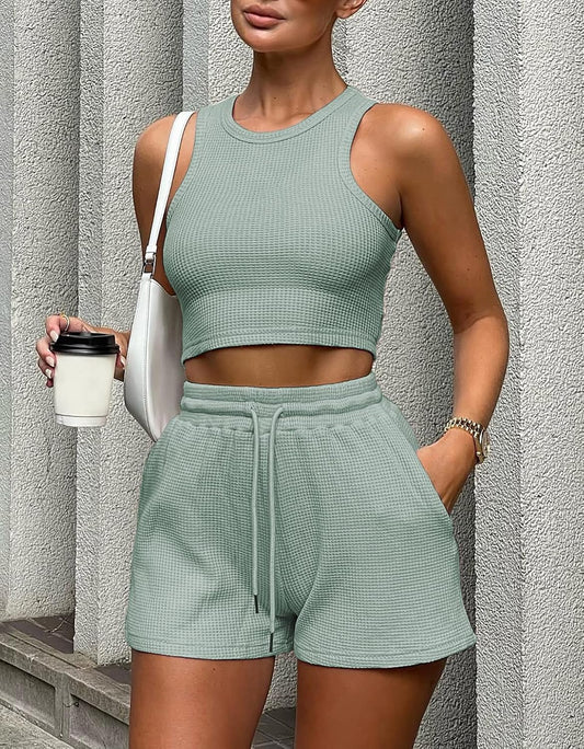2 Piece Women Lounge Sets - Sleeveless Crop Top and Shorts Waffle Lounge Set Tracksuits Sweatsuits for Women