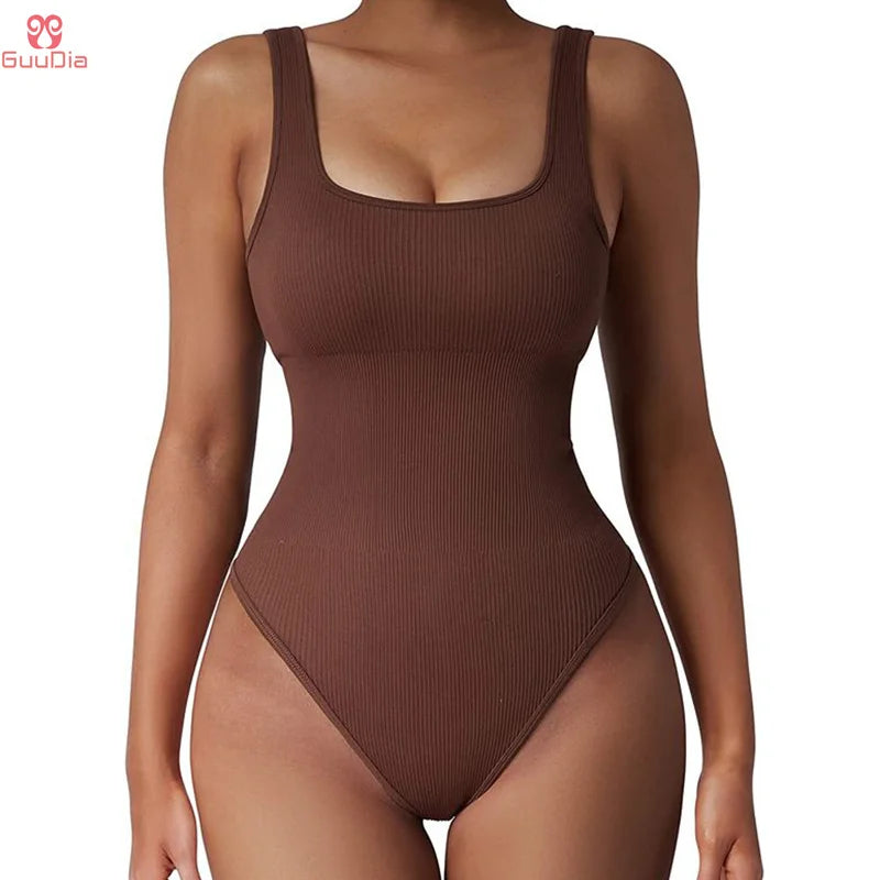 GUUDIA Shapewear Ribbed Body Shaper Suits Tummy Control Open Crotch Spandex Body Shaper Elastic Stretchy Daily Shapers Essencial